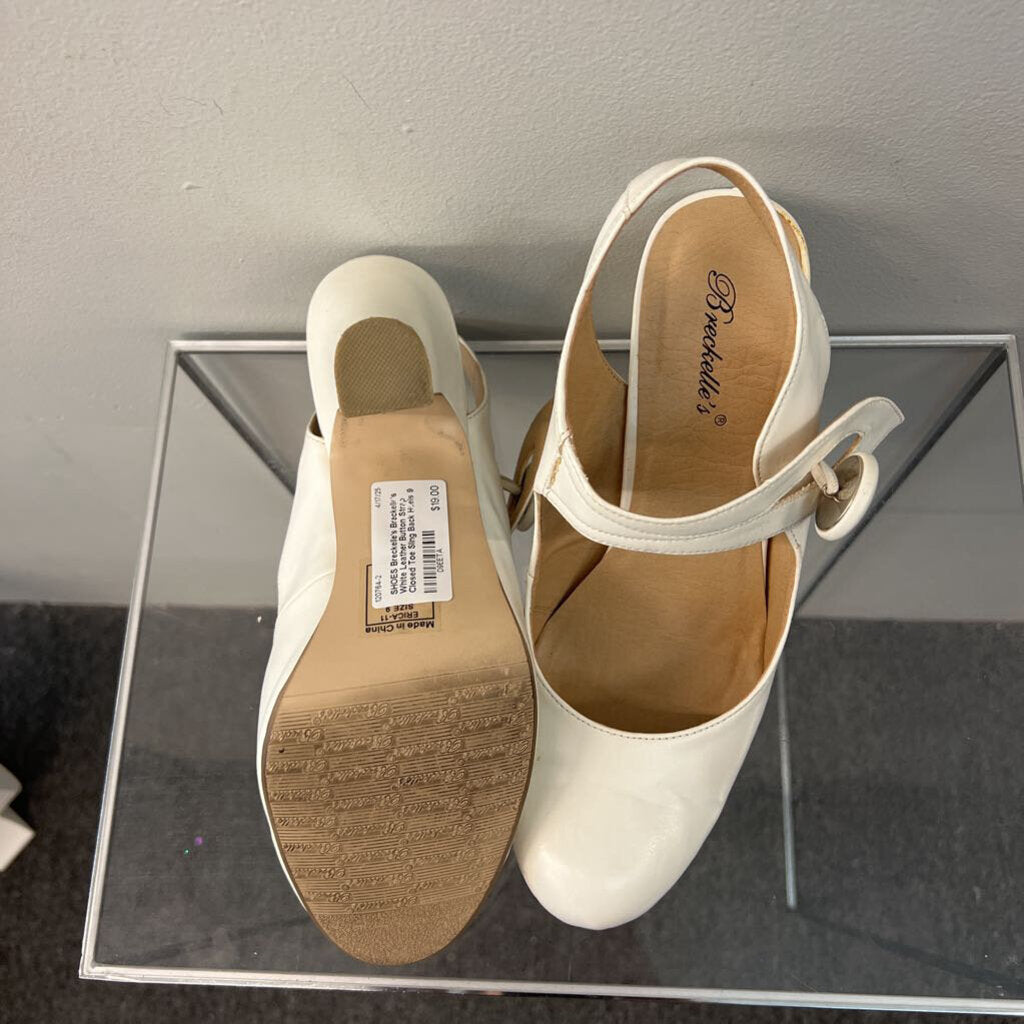 Breckelle's White Leather Button Strap Closed Toe Sling Back Heels 9