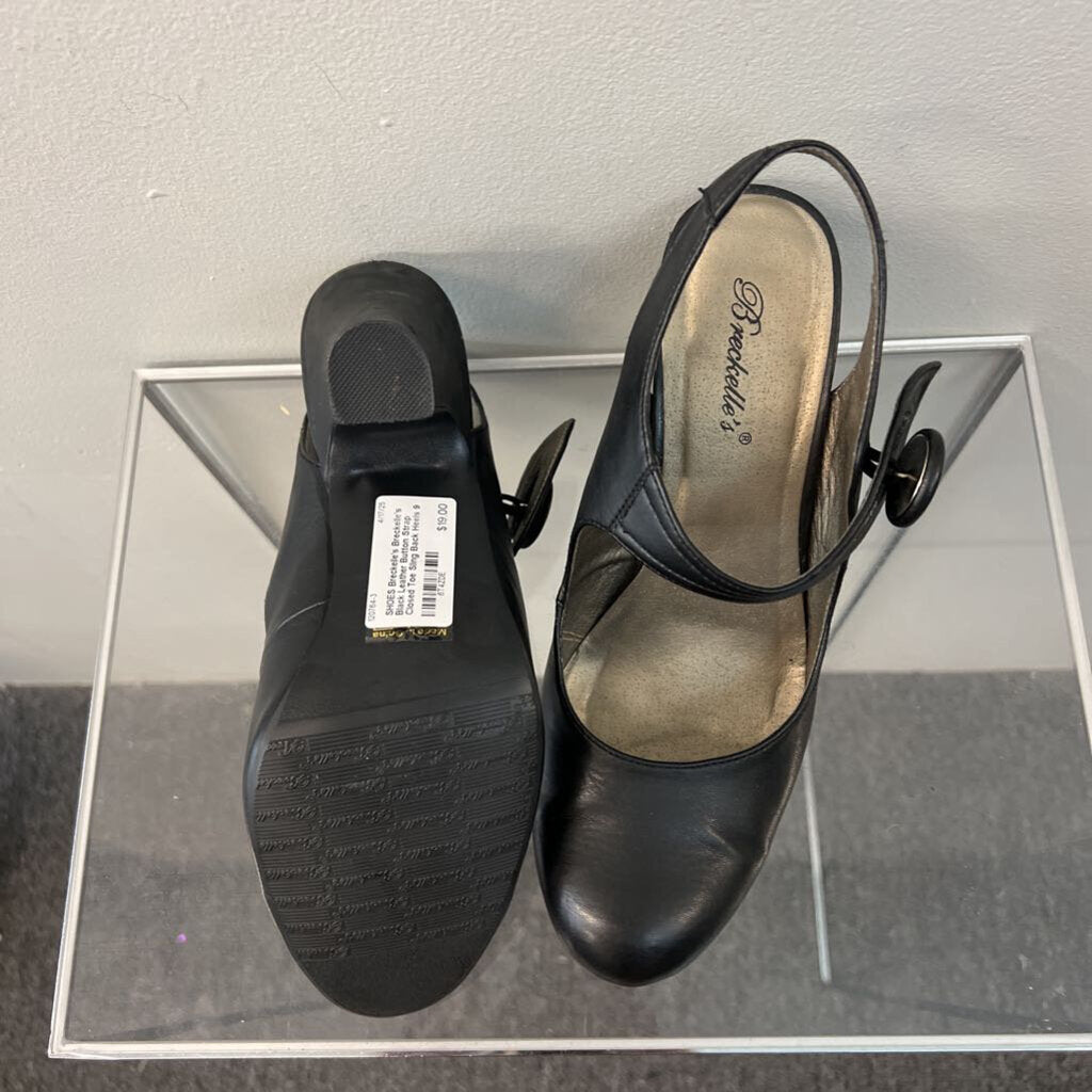 Breckelle's Black Leather Button Strap Closed Toe Sling Back Heels 9