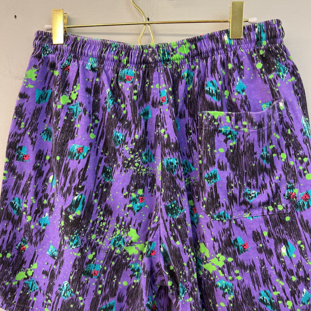 Vintage Surf Gear Purple/ Multi Retro Print Pull On Shorts Medium