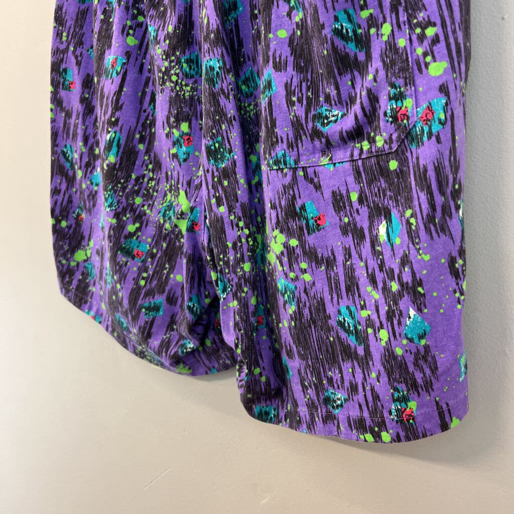 Vintage Surf Gear Purple/ Multi Retro Print Pull On Shorts Medium