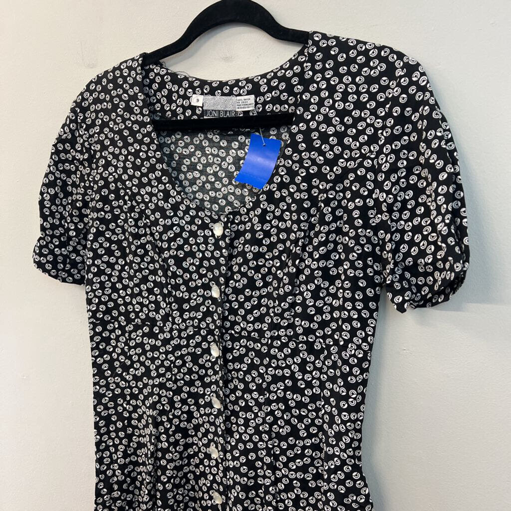Vintage Joni Blair Black/ White Print Short Sleeve Button Down Dress 9
