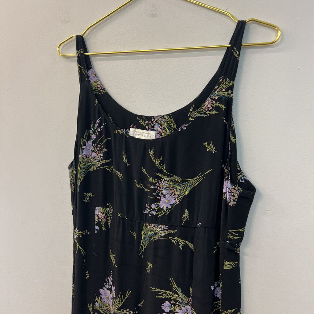 Vintage Express Black/ Purple Flower Print Tank Maxi Dress 11/12