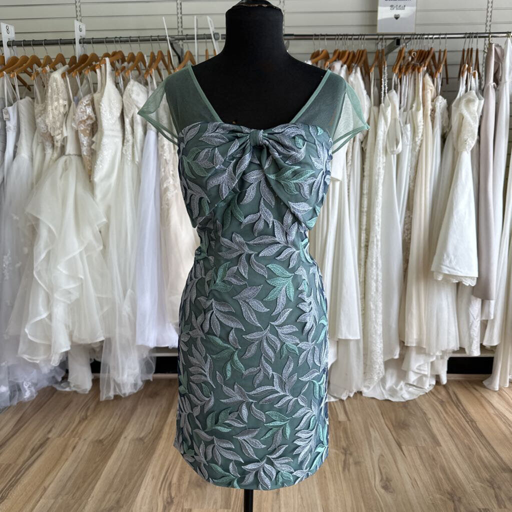 JS Collection Green/ Purple Embroidered Leaf Print Short Formal Dress 6