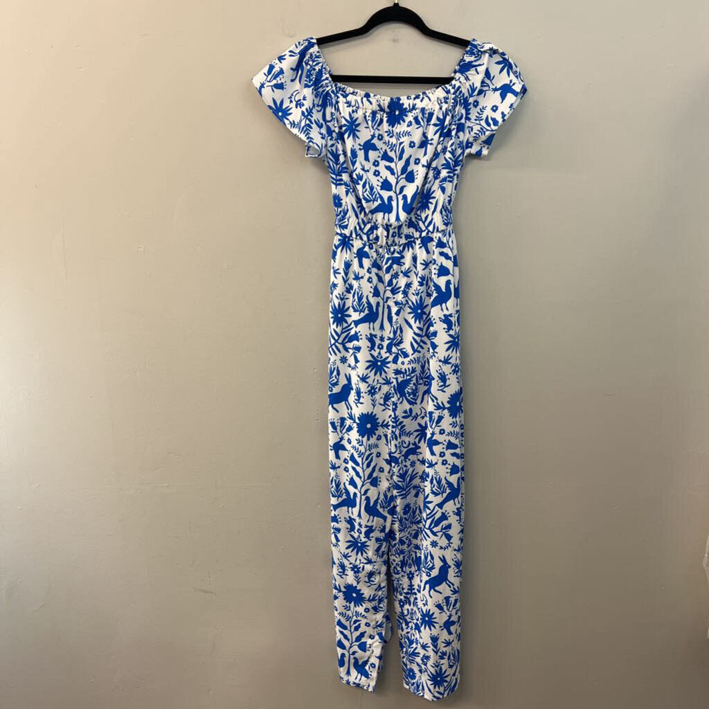 Wayward Fancies White/ Blue Print Short Flutter Sleeve Jumpsuit Small