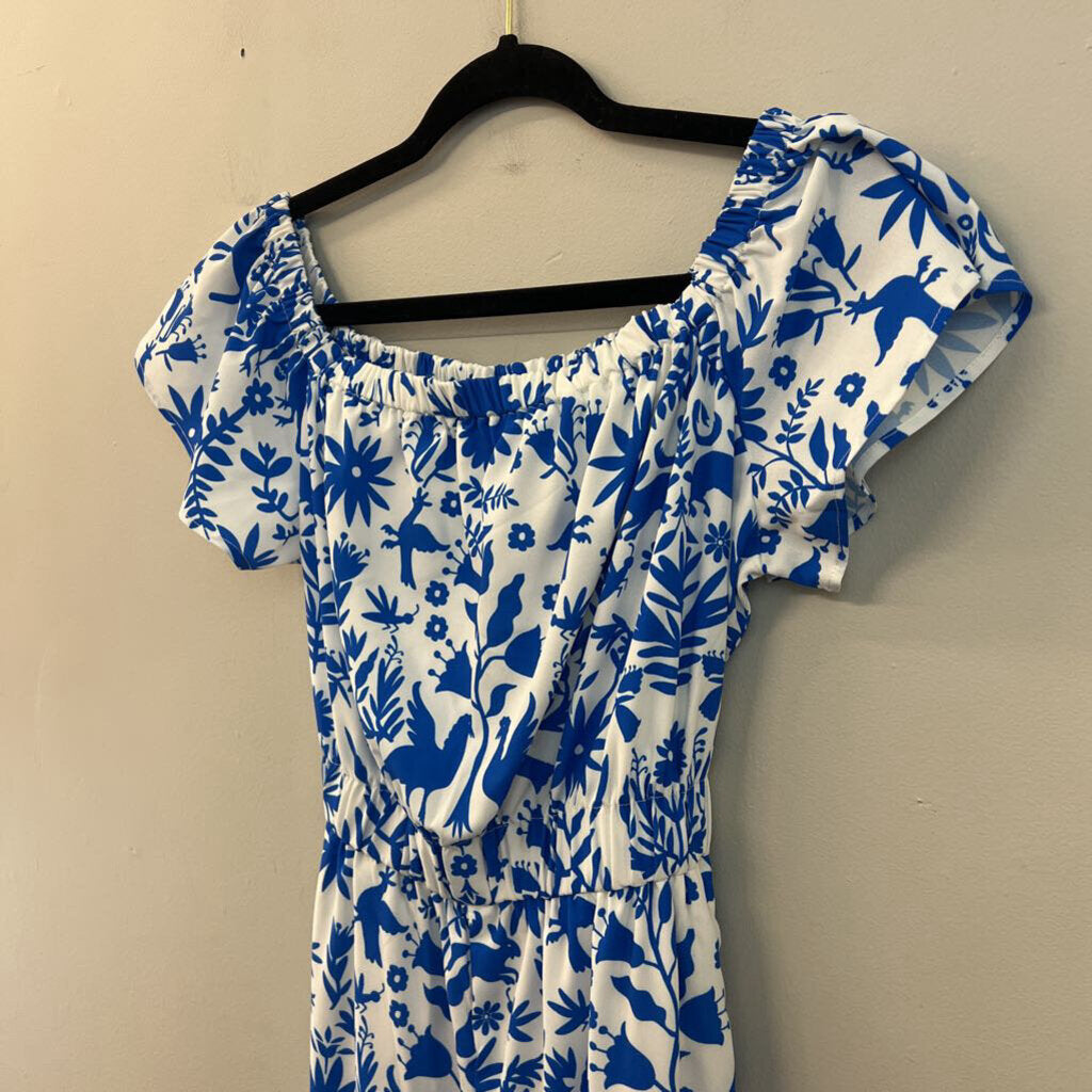 Wayward Fancies White/ Blue Print Short Flutter Sleeve Jumpsuit Small