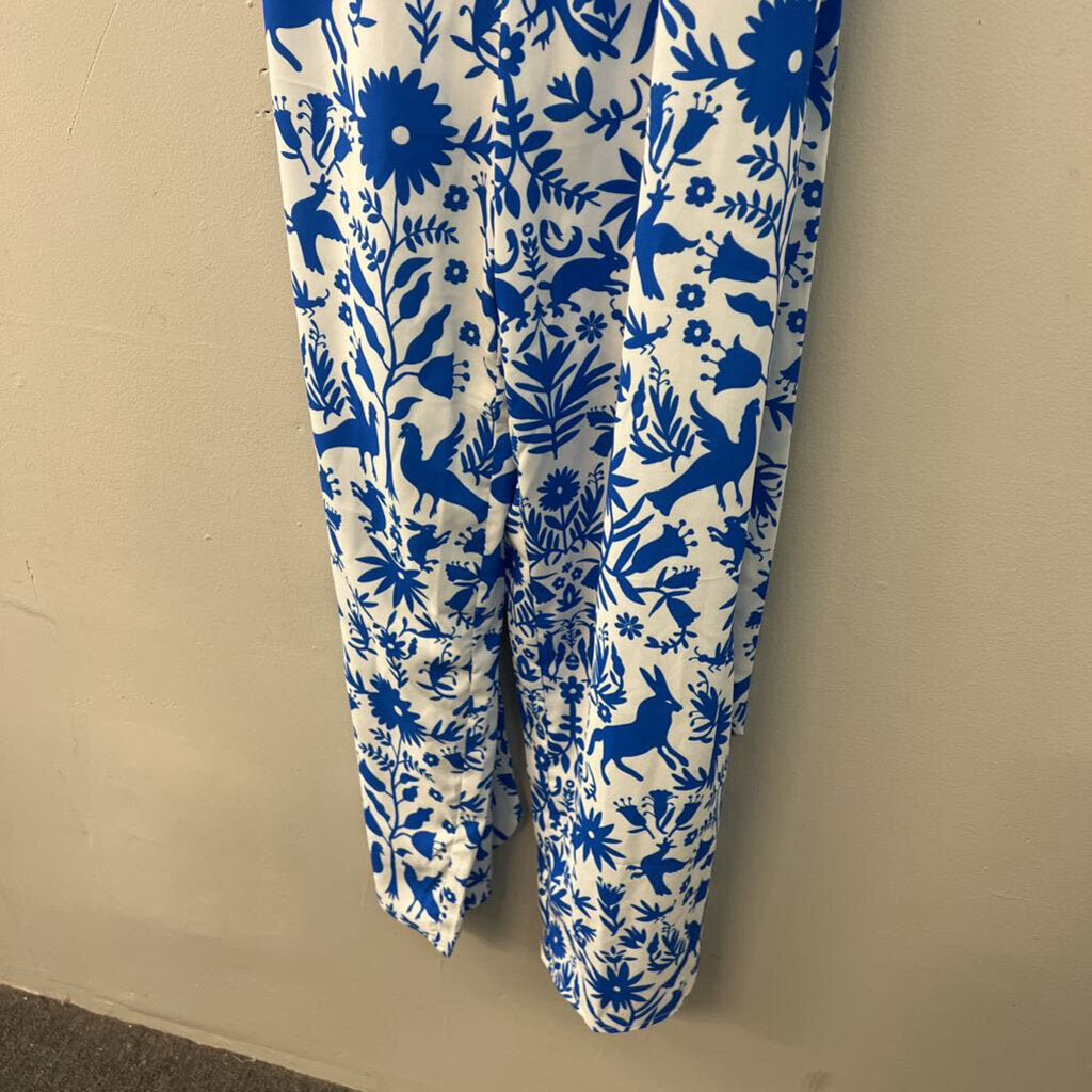 Wayward Fancies White/ Blue Print Short Flutter Sleeve Jumpsuit Small