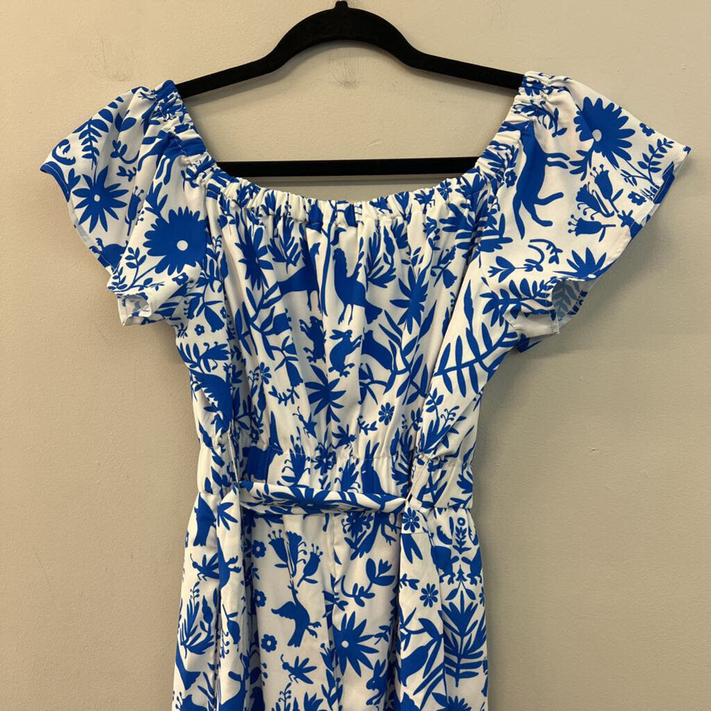 Wayward Fancies White/ Blue Print Short Flutter Sleeve Jumpsuit Small