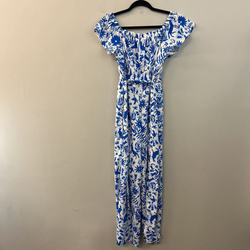 Wayward Fancies White/ Blue Print Short Flutter Sleeve Jumpsuit Small