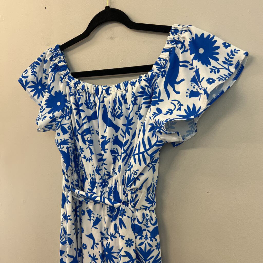 Wayward Fancies White/ Blue Print Short Flutter Sleeve Jumpsuit Small