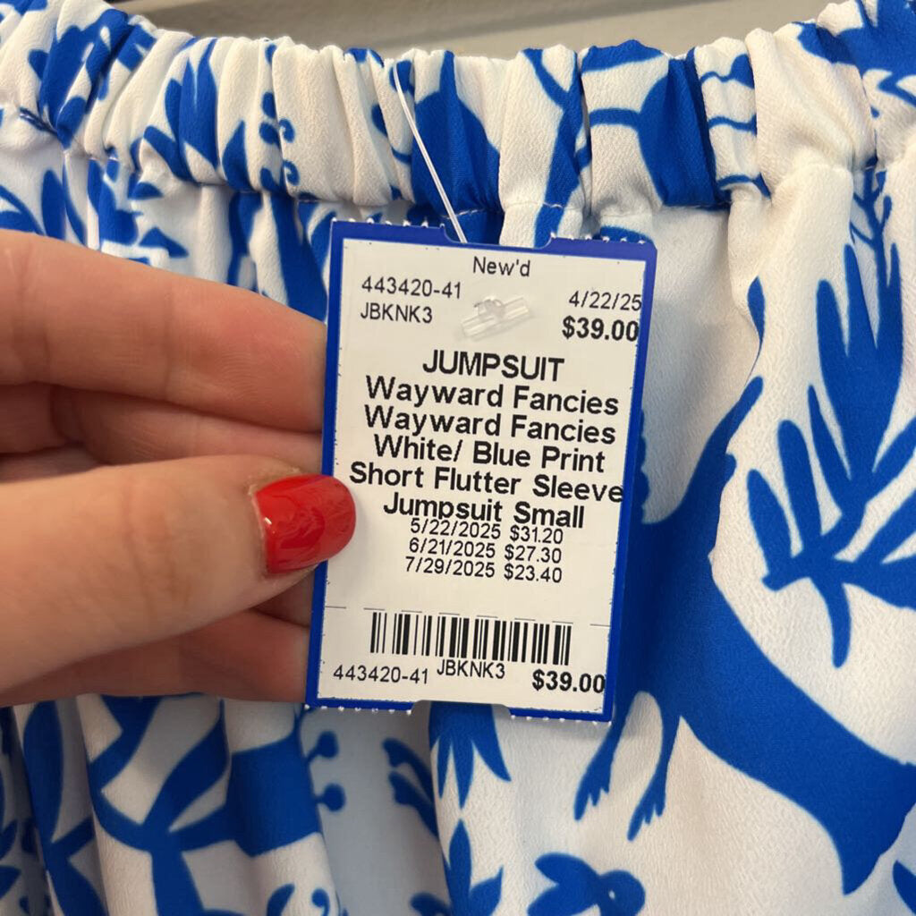 Wayward Fancies White/ Blue Print Short Flutter Sleeve Jumpsuit Small
