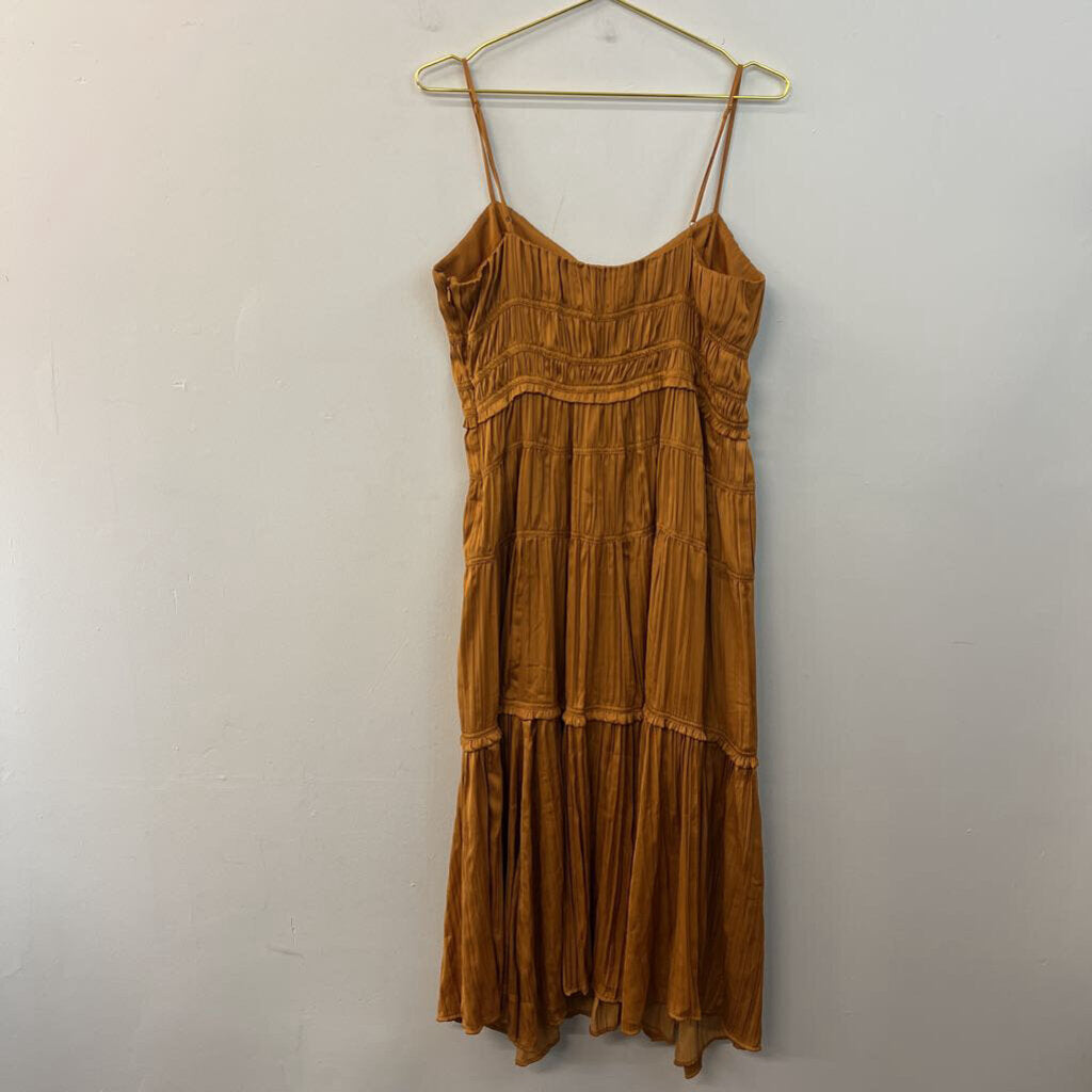 Anthropologie Copper Silky Pleated Tiered Maxi Dress 14