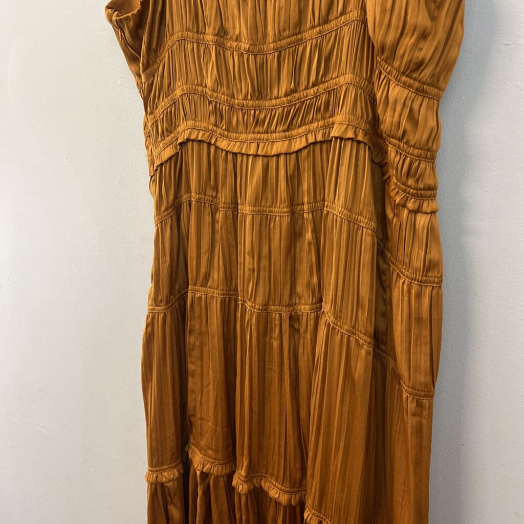 Anthropologie Copper Silky Pleated Tiered Maxi Dress 14