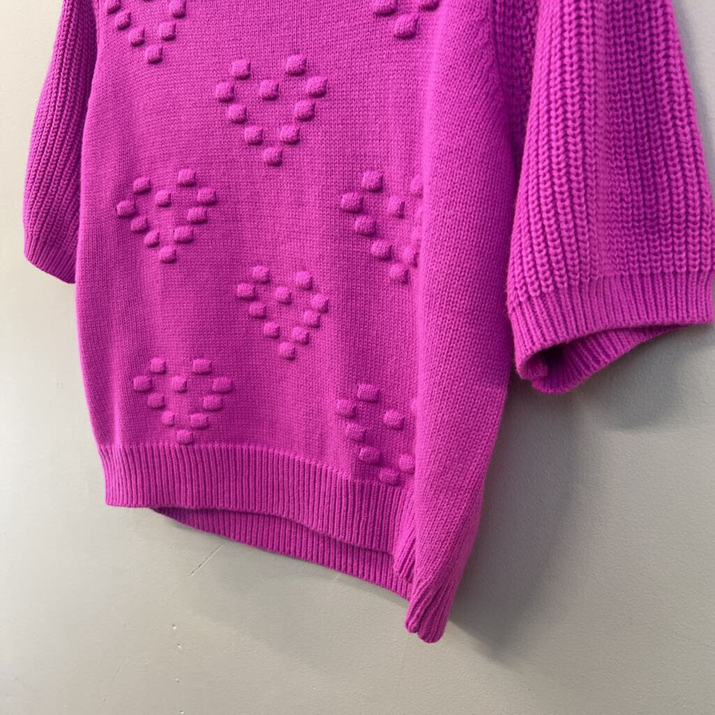 Ces Femme Pink Heart Knit Short Sleeve Sweater Top Medium