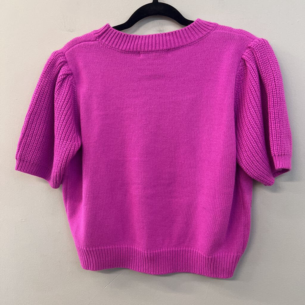 Ces Femme Pink Heart Knit Short Sleeve Sweater Top Medium