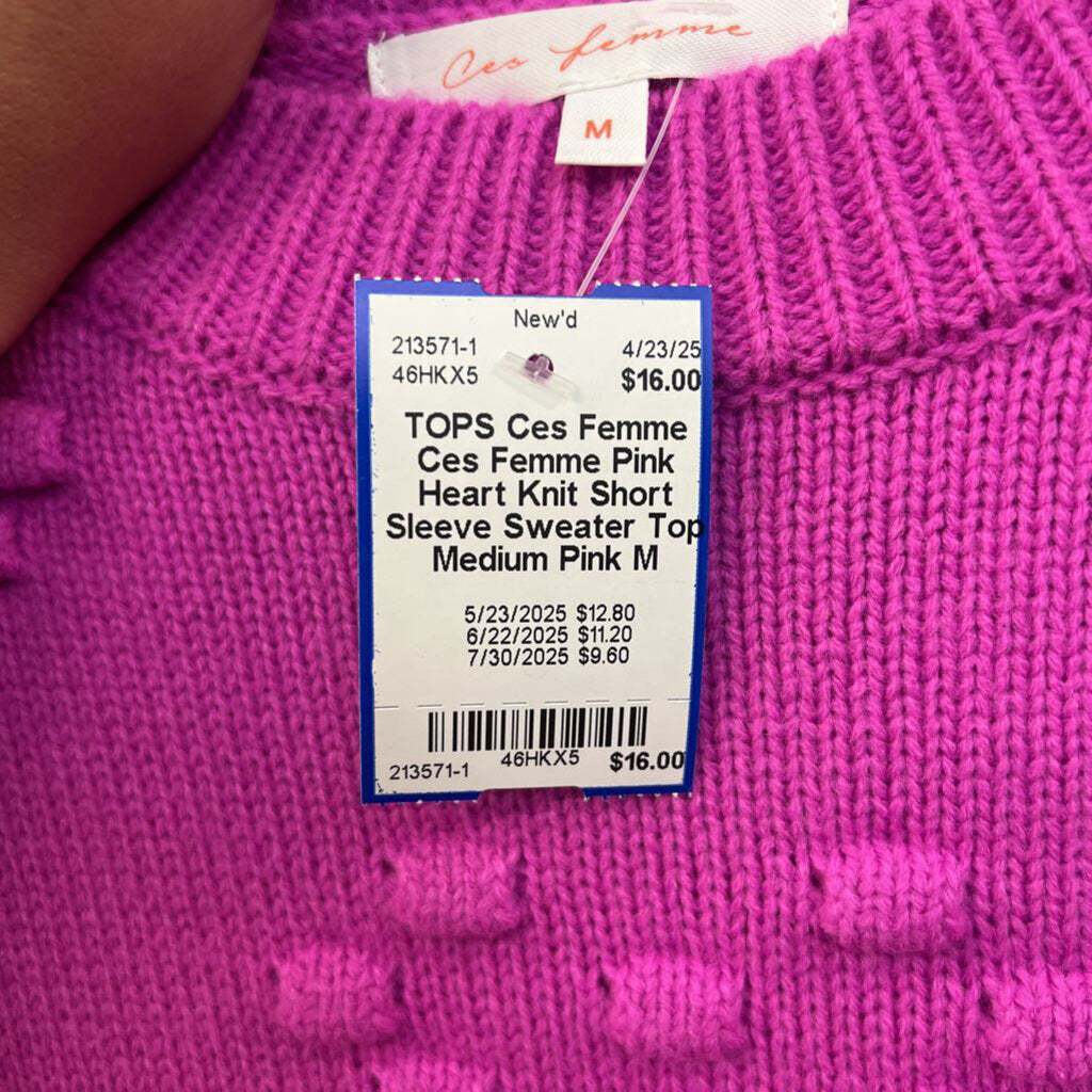 Ces Femme Pink Heart Knit Short Sleeve Sweater Top Medium
