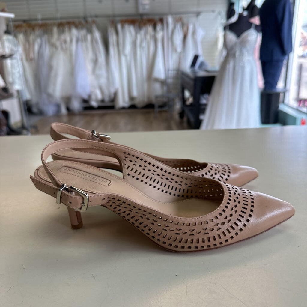 Antonio Melani Beige Laser Cutout Leather Slingback Pump Heels 7.5