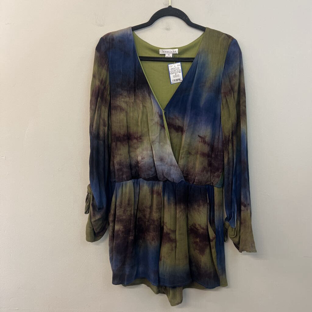 loveriche Green/ Blue Tie Dye Long Sleeve Romper Medium