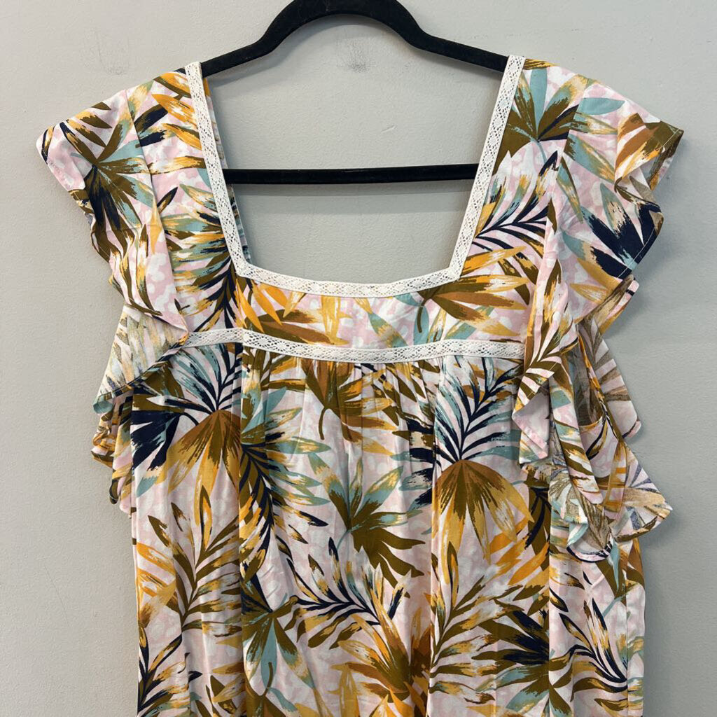 Jessica Simpson Pink/ Multi Tropical Leaf Print Short Flutter Sleeve Top 2X