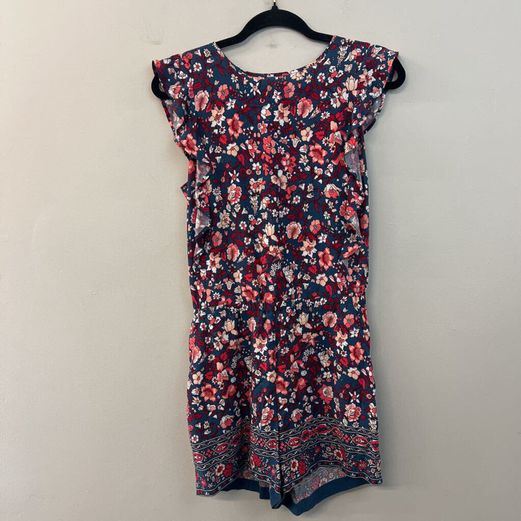 Loft Blue/ Red Print Short Sleeve Romper Small Petite