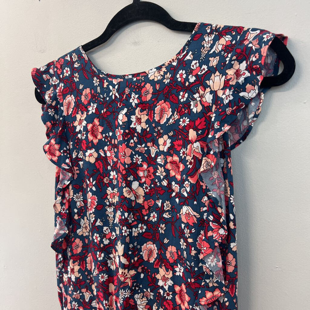 Loft Blue/ Red Print Short Sleeve Romper Small Petite