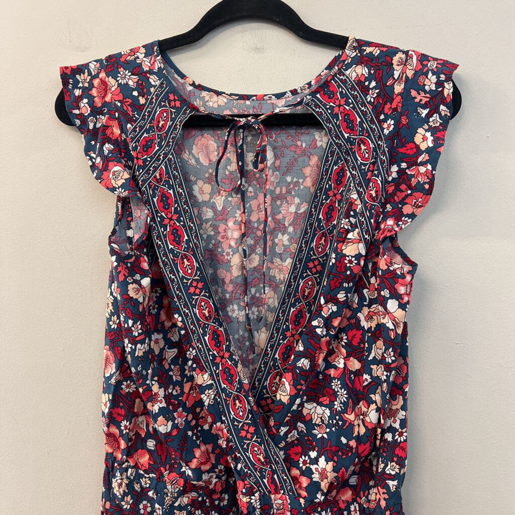 Loft Blue/ Red Print Short Sleeve Romper Small Petite