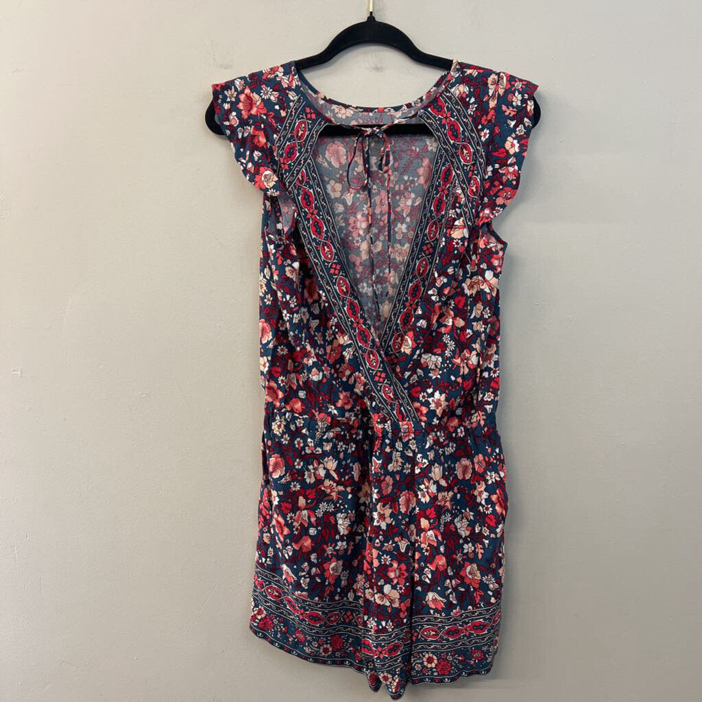 Loft Blue/ Red Print Short Sleeve Romper Small Petite