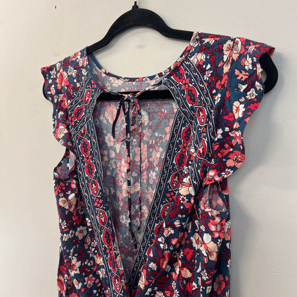 Loft Blue/ Red Print Short Sleeve Romper Small Petite