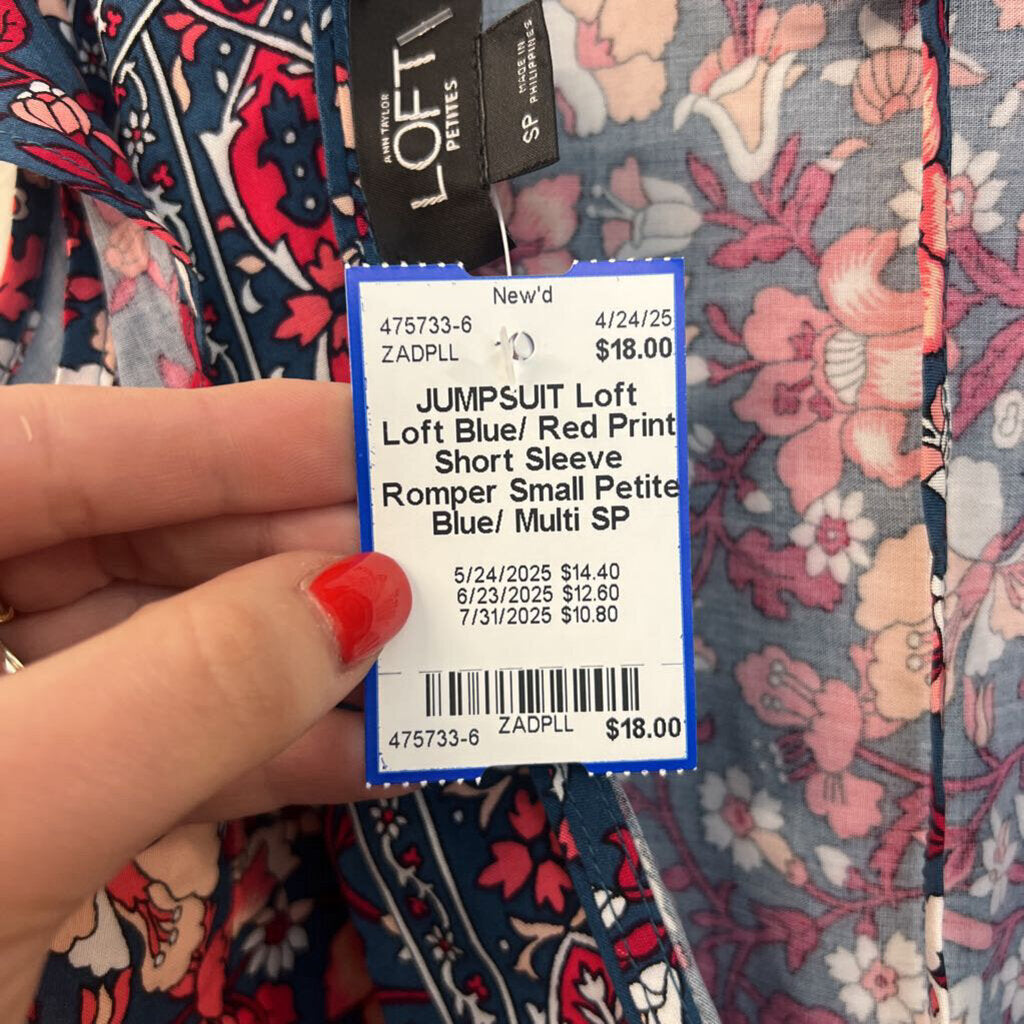 Loft Blue/ Red Print Short Sleeve Romper Small Petite