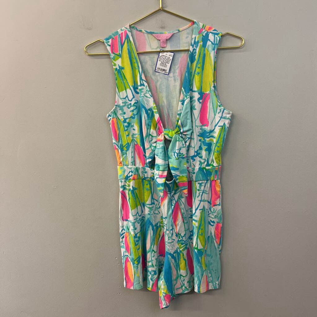 Lilly Pulitzer Blue/ Multi Sailboat Tie Front Romper Extra Small