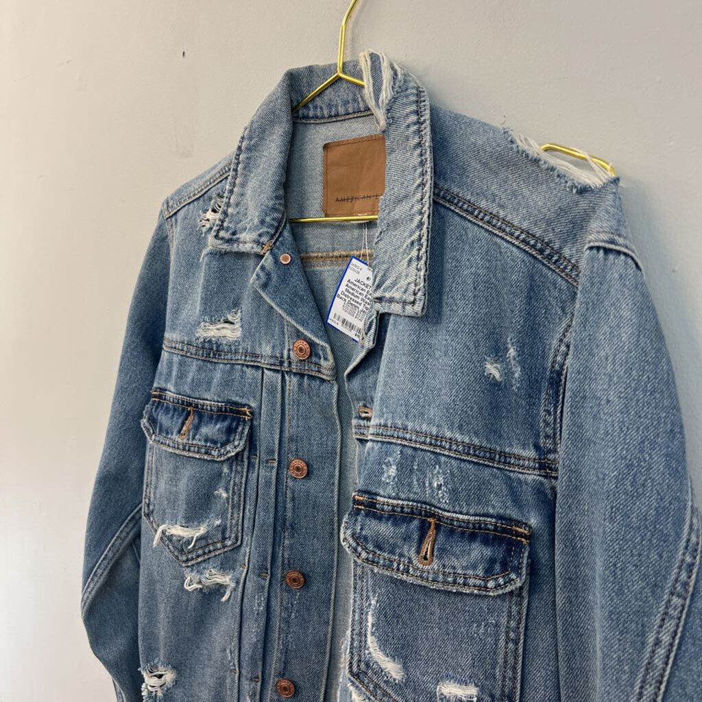 American Eagle Medium Wash Distressed Tiger Back Denim Jacket Extra Small