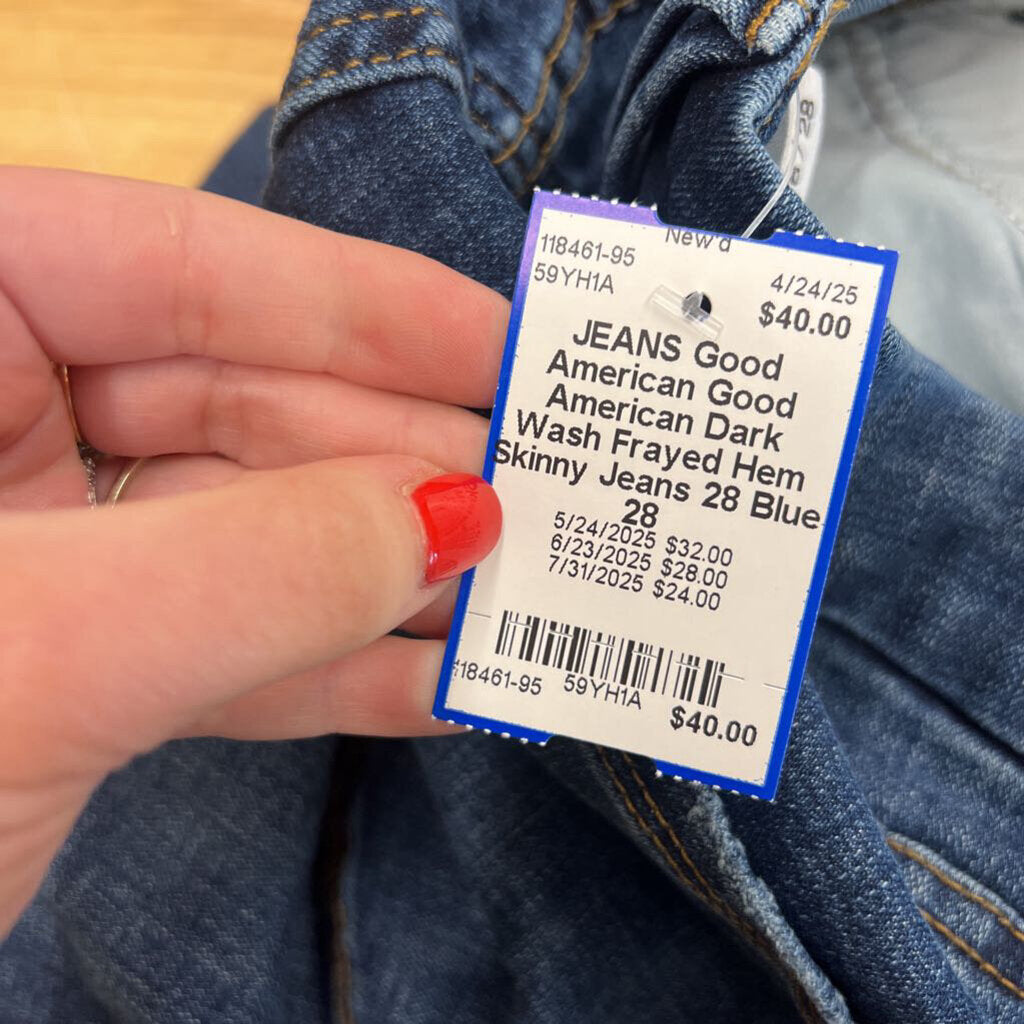 Good American Dark Wash Frayed Hem Skinny Jeans 28
