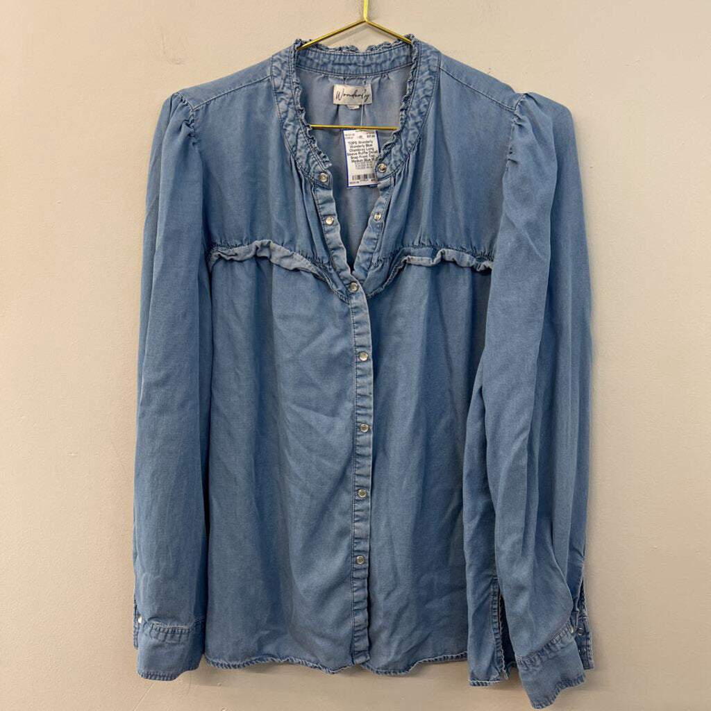 Wonderly Blue Chambray Long Sleeve Ruffle Detail Snap Front Top Medium
