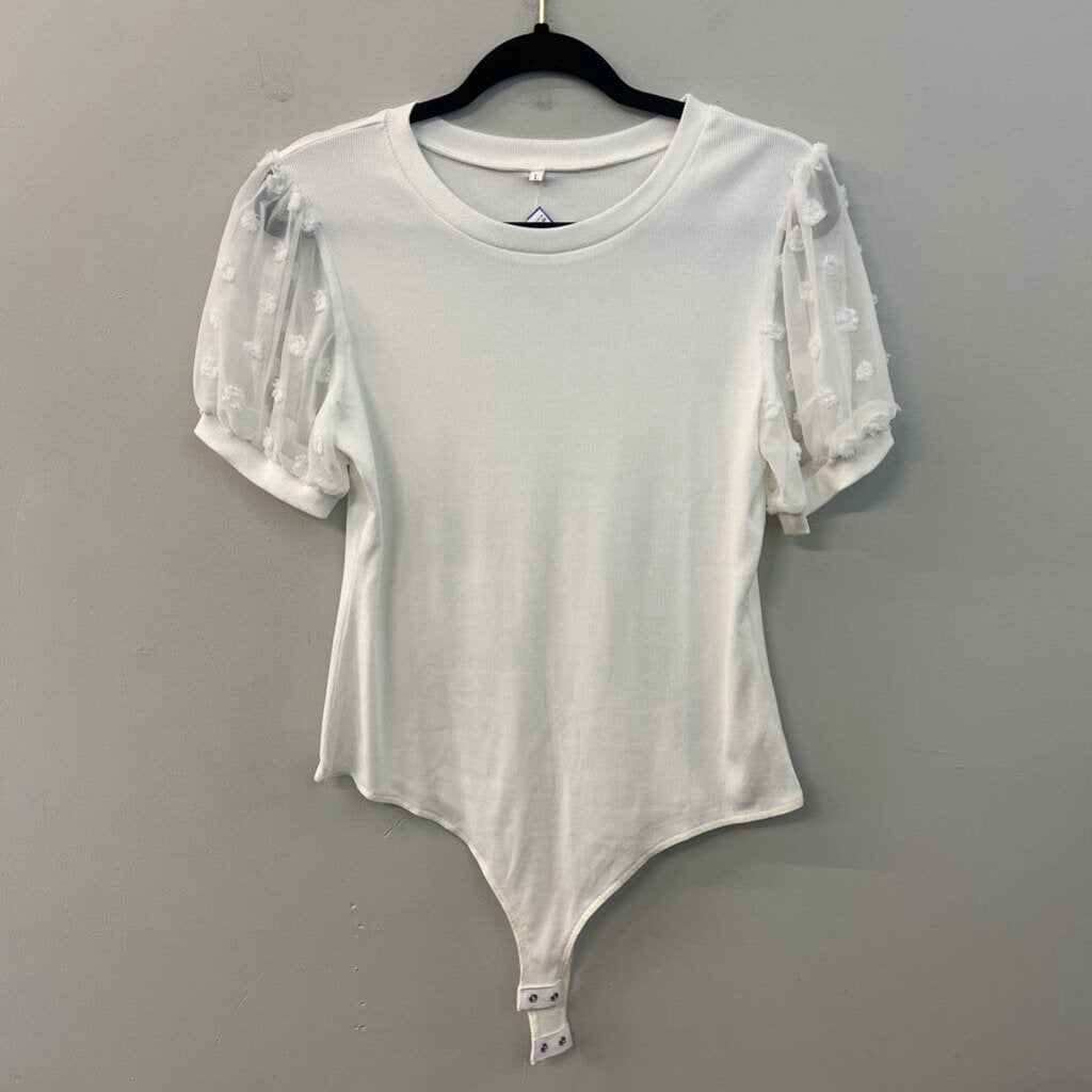 White Polka Dot Short Puff Sleeve Bodysuit Large