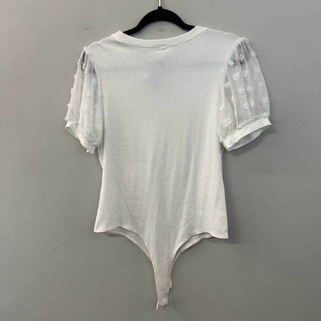 White Polka Dot Short Puff Sleeve Bodysuit Large