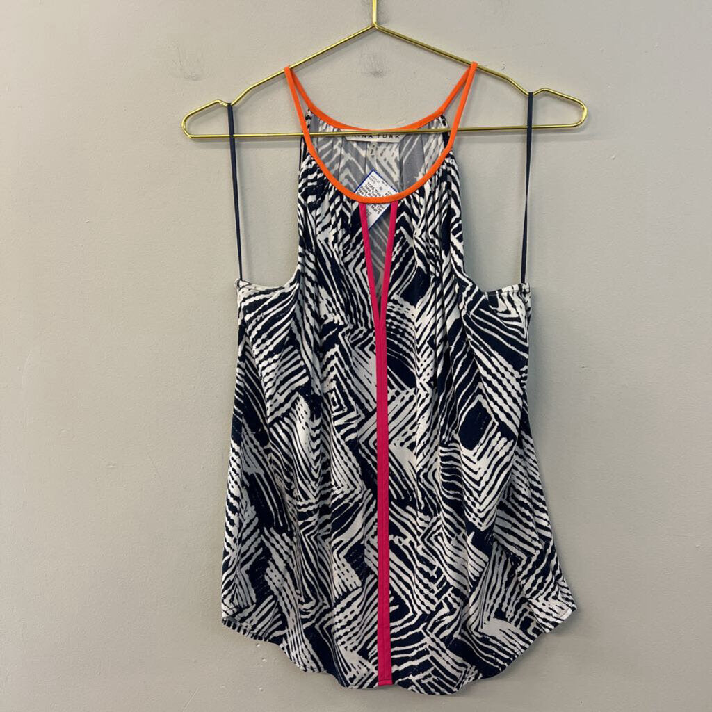Trina Turk Navy/ White Print Orange/ Pink Trim Tank Top Small