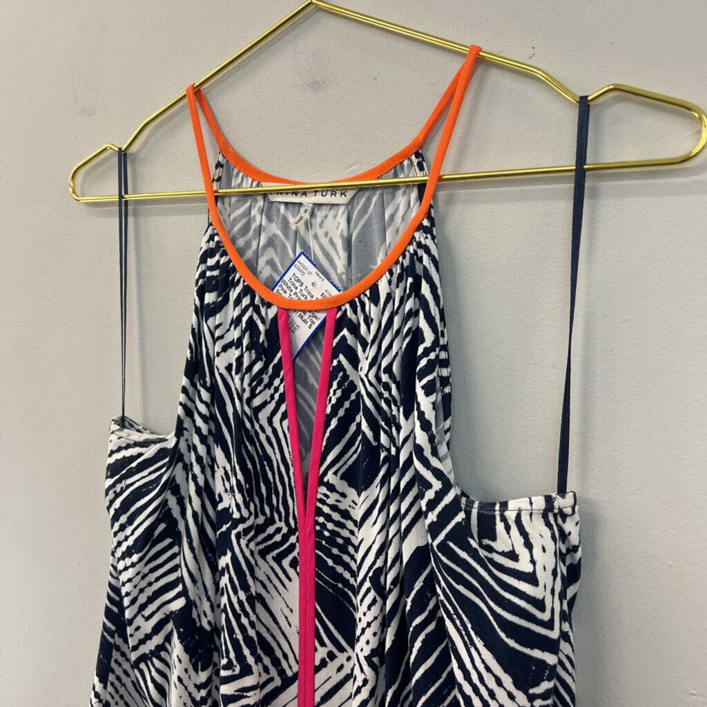 Trina Turk Navy/ White Print Orange/ Pink Trim Tank Top Small