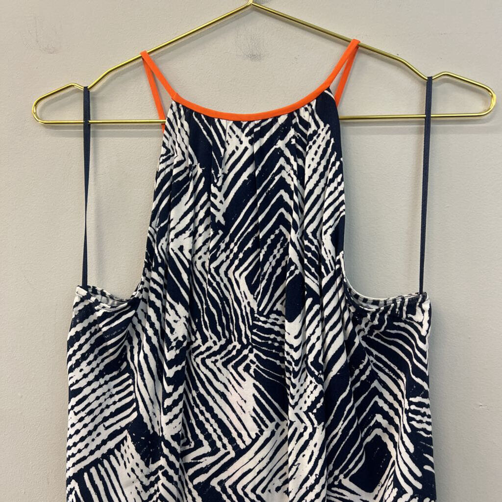 Trina Turk Navy/ White Print Orange/ Pink Trim Tank Top Small