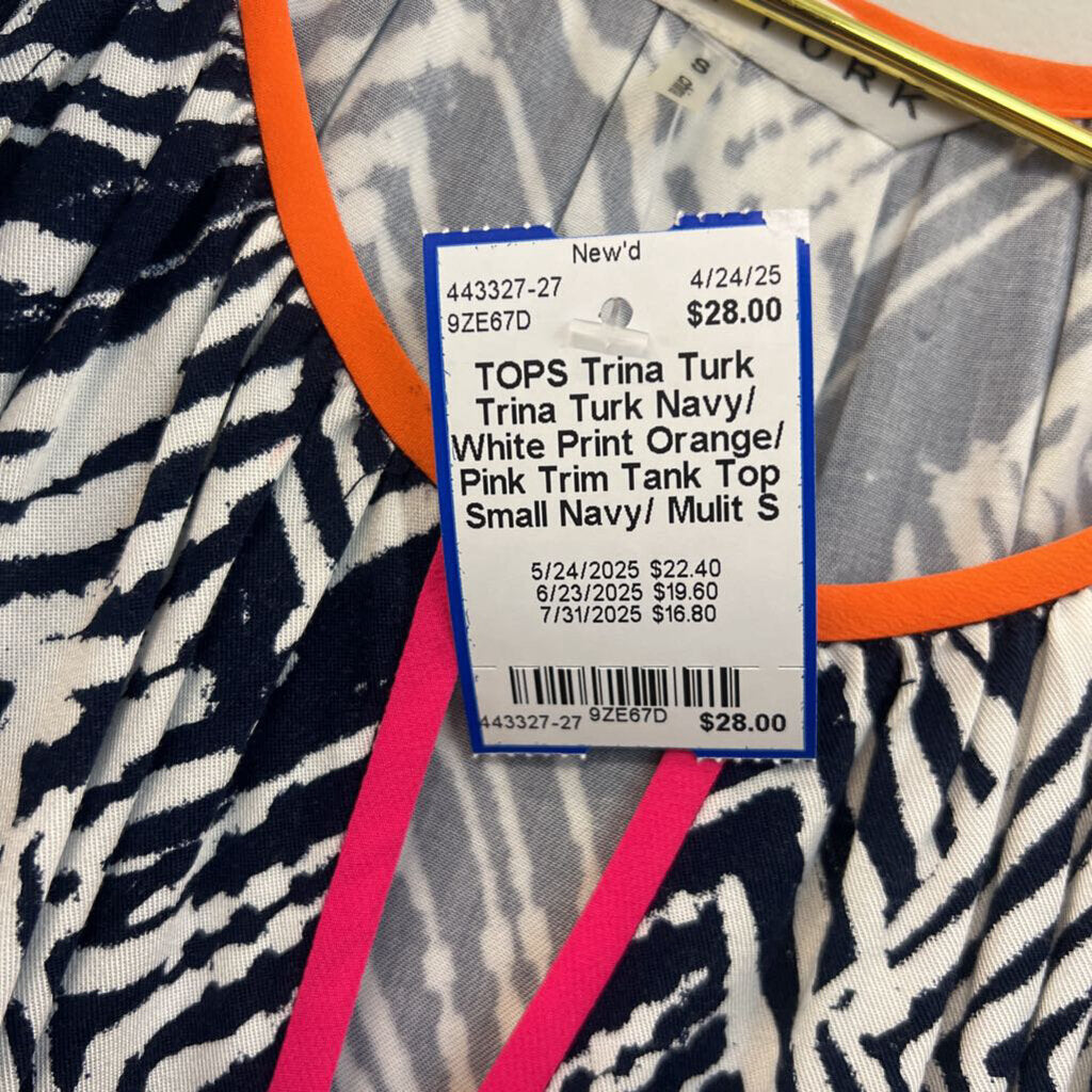 Trina Turk Navy/ White Print Orange/ Pink Trim Tank Top Small