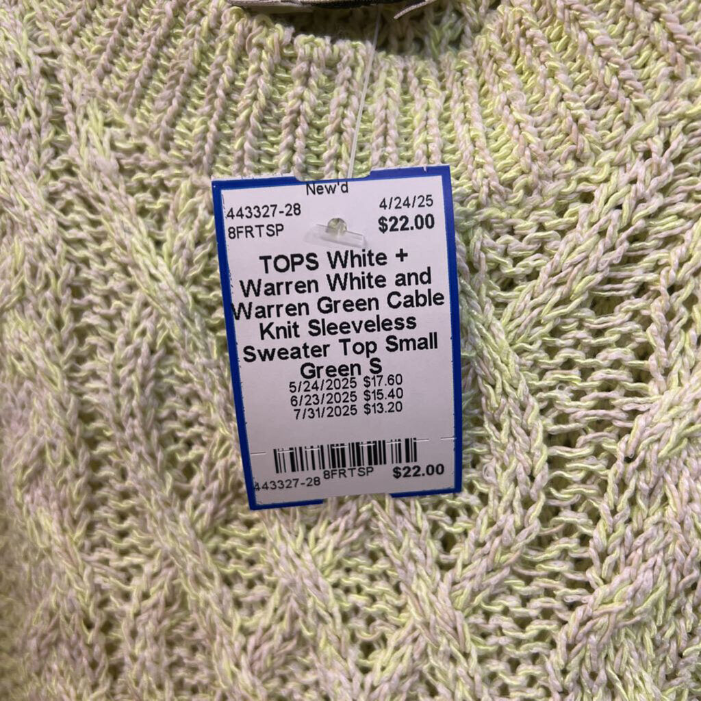 White and Warren Green Cable Knit Sleeveless Sweater Top Small
