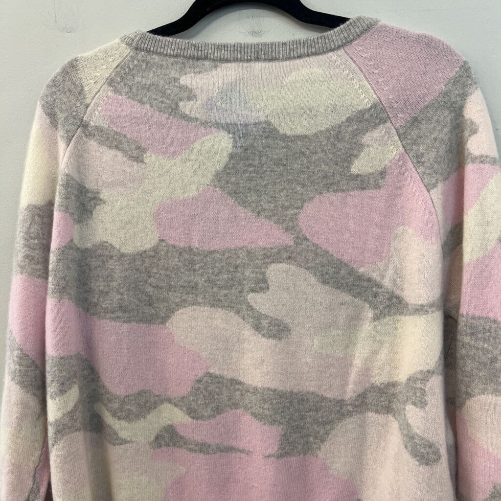 White and Warren 100% Cashmere Grey/ Pink Camo Print Long Sleeve Sweater Top Medium