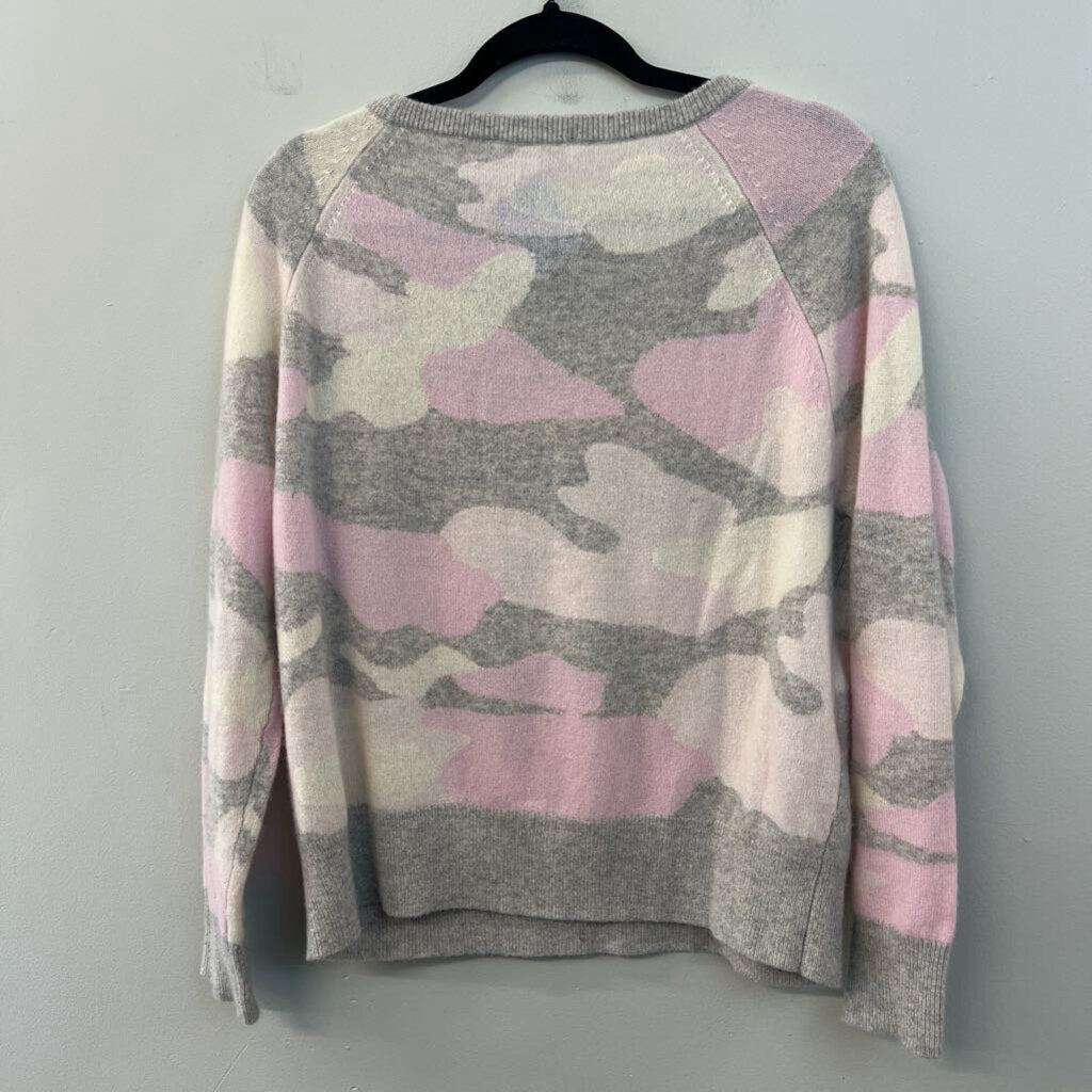 White and Warren 100% Cashmere Grey/ Pink Camo Print Long Sleeve Sweater Top Medium