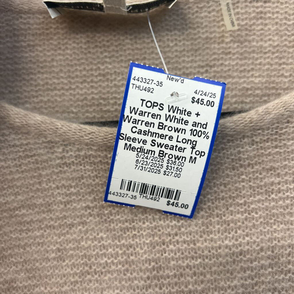 White and Warren Brown 100% Cashmere Long Sleeve Sweater Top Medium