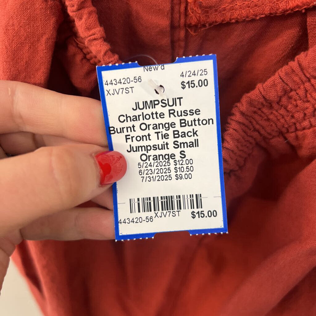 Burnt Orange Button Front Tie Back Jumpsuit Small