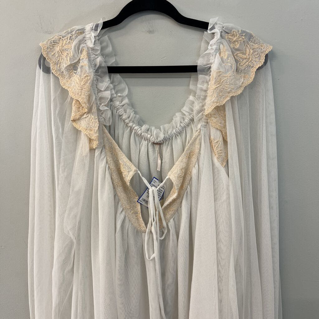 Free People Sheer White Tulle Long Sleeve Embroidered Detail Top Medium