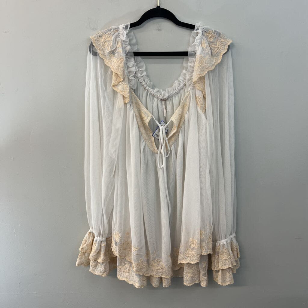 Free People Sheer White Tulle Long Sleeve Embroidered Detail Top Medium