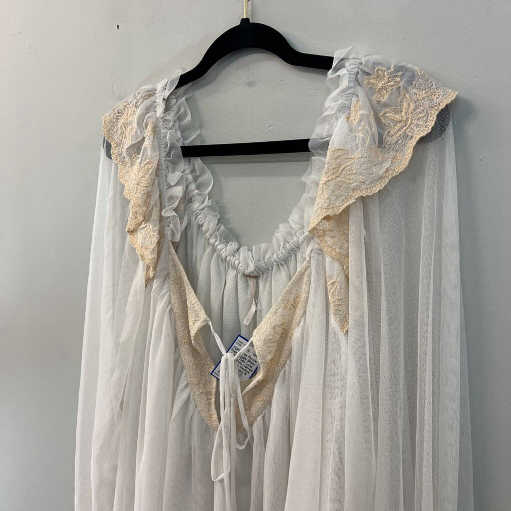 Free People Sheer White Tulle Long Sleeve Embroidered Detail Top Medium