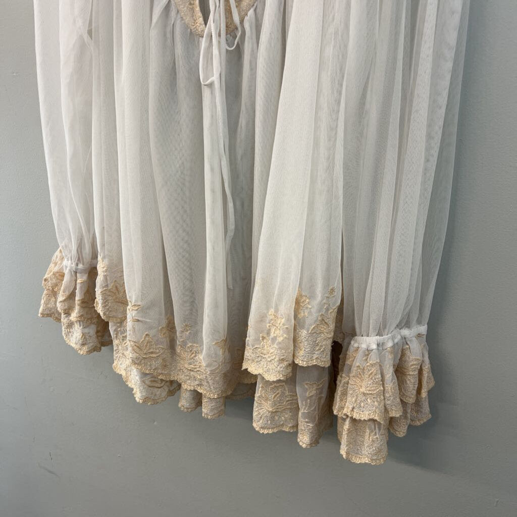 Free People Sheer White Tulle Long Sleeve Embroidered Detail Top Medium