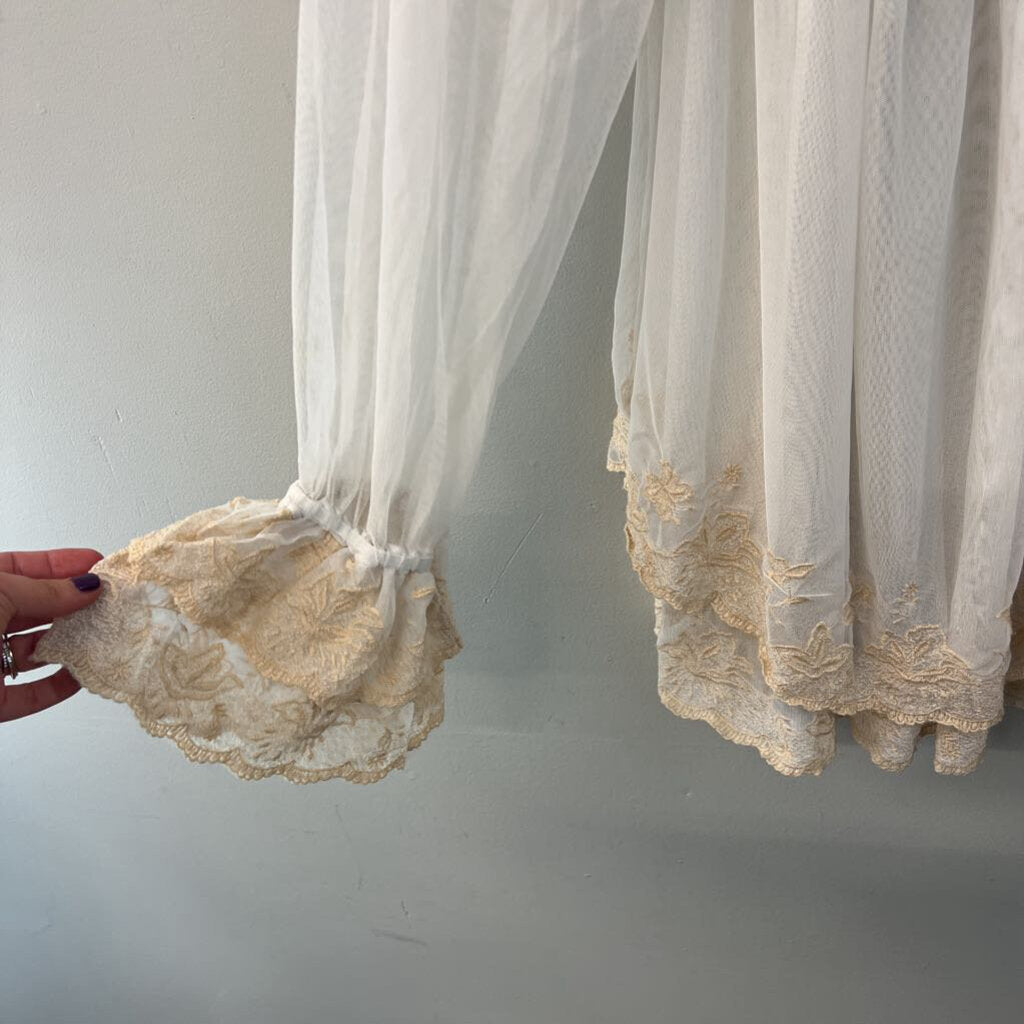 Free People Sheer White Tulle Long Sleeve Embroidered Detail Top Medium