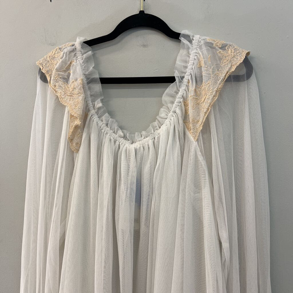 Free People Sheer White Tulle Long Sleeve Embroidered Detail Top Medium