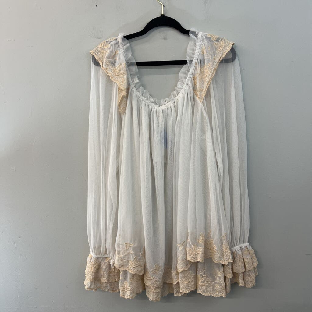 Free People Sheer White Tulle Long Sleeve Embroidered Detail Top Medium
